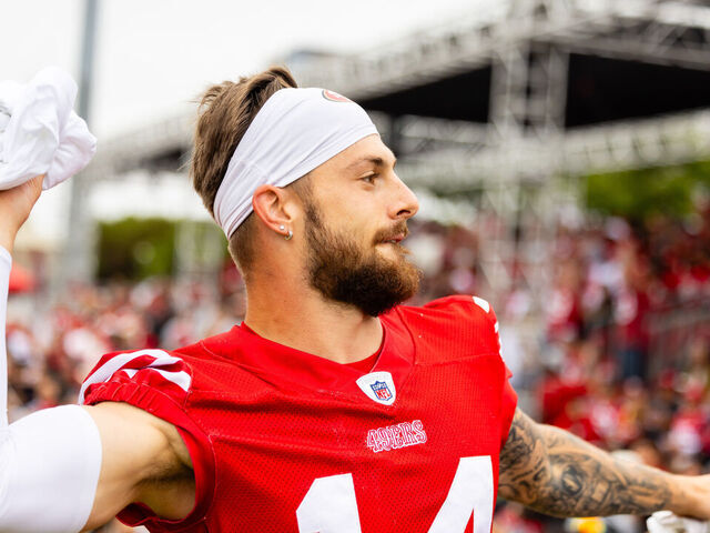SANTA CLARA, CA - AUGUST 04: San Francisco 49ers wide receiver Ricky Pearsall (14) throws a shirt during the San Francisco 49ers Training Camp on August 4, 2024 at SAP Performance Facility in Santa Clara, CA.