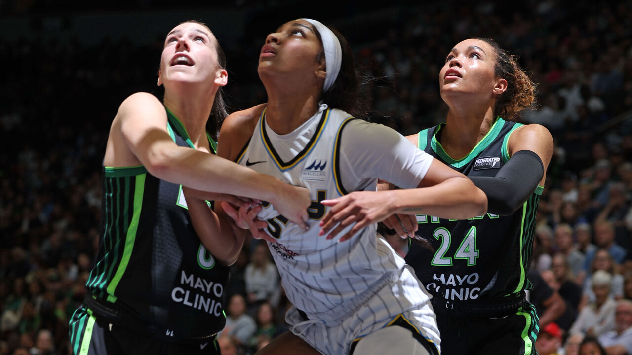 MINNEAPOLIS, MN - SEPTEMBER 1: Angel Reese #5 of the Chicago Sky boxes out during the game against the Minnesota Lynx on September 1, 2024 at Target Center in Minneapolis, Minnesota. Mandatory Copyright Notice: Copyright 2024 NBAE