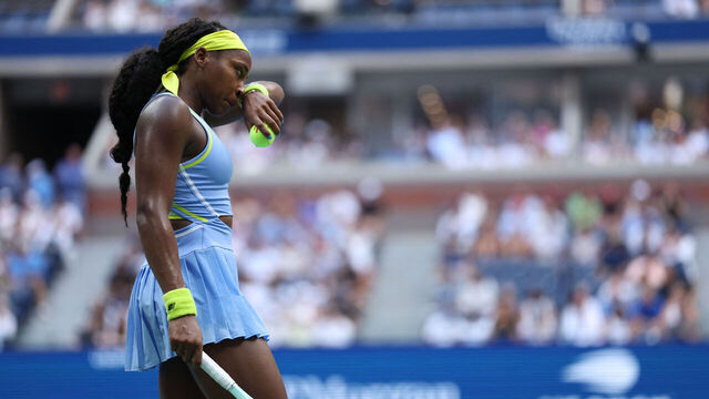 USA's Coco Gauff wipes her face during her women's singles round of 16 tennis match against USA's Emma Navarro on day seven of the US Open tennis tournament at the USTA Billie Jean King National Tennis Center in New York City, on September 1, 2024.