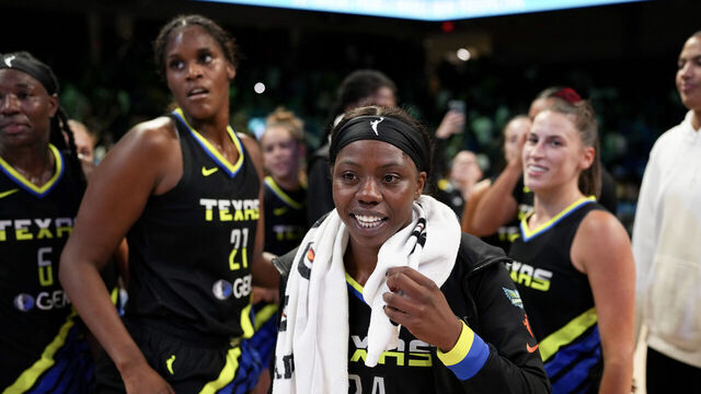 ARLINGTON, TEXAS - AUGUST 30: Arike Ogunbowale #24 of the Dallas Wings walks off the court after defeating the against the Minnesota Lynx at College Park Center on August 30, 2024 in Arlington, Texas.