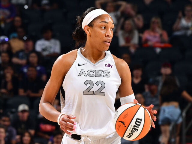 PHOENIX, AZ - SEPTEMBER 1: A'ja Wilson #22 of the Las Vegas Aces handles the ball during the game on September 1, 2024 at Footprint Center in Phoenix, Arizona. Mandatory Copyright Notice: Copyright 2024 NBAE
