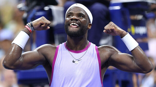 NEW YORK, NEW YORK - SEPTEMBER 01: Frances Tiafoe of the United States reacts after defeating Alexei Popyrin of Australia during their Men's Singles Fourth Round match on Day Seven of the 2024 US Open at USTA Billie Jean King National Tennis Center on September 01, 2024 in the Flushing neighborhood of the Queens borough of New York City.