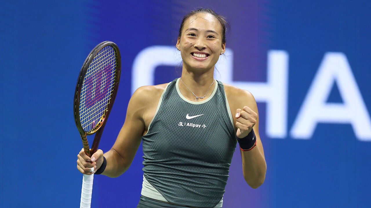 NEW YORK, NEW YORK - SEPTEMBER 01: Qinwen Zheng of China reacts after defeating Donna Vekic of Croatia during their Women's Singles Fourth Round match on Day Seven of the 2024 US Open at USTA Billie Jean King National Tennis Center on September 01, 2024 in the Flushing neighborhood of the Queens borough of New York City.