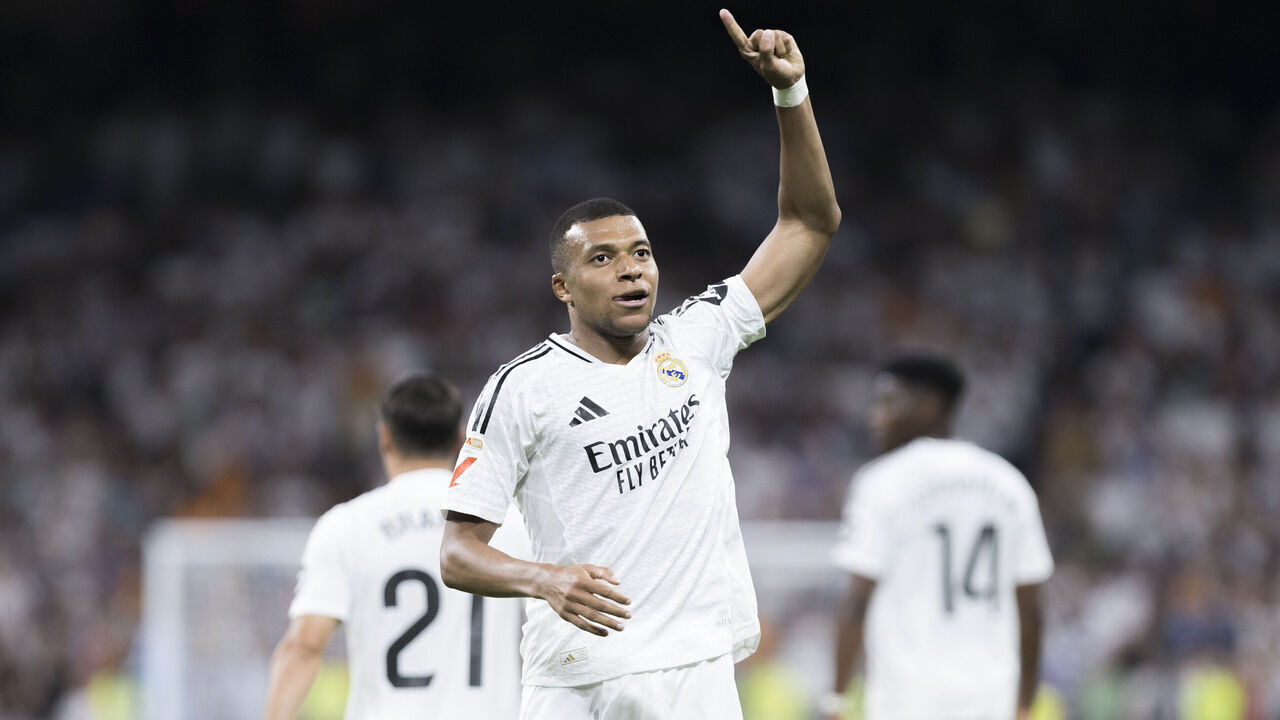 Kylian Mbappe of Real Madrid celebrates a goal during the La Liga 2024/25 match between Real Madrid and Real Betis at Santiago Bernabeu Stadium in Madrid, Spain, on September 1, 2024.