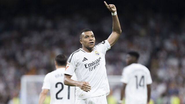 Kylian Mbappe of Real Madrid celebrates a goal during the La Liga 2024/25 match between Real Madrid and Real Betis at Santiago Bernabeu Stadium in Madrid, Spain, on September 1, 2024.