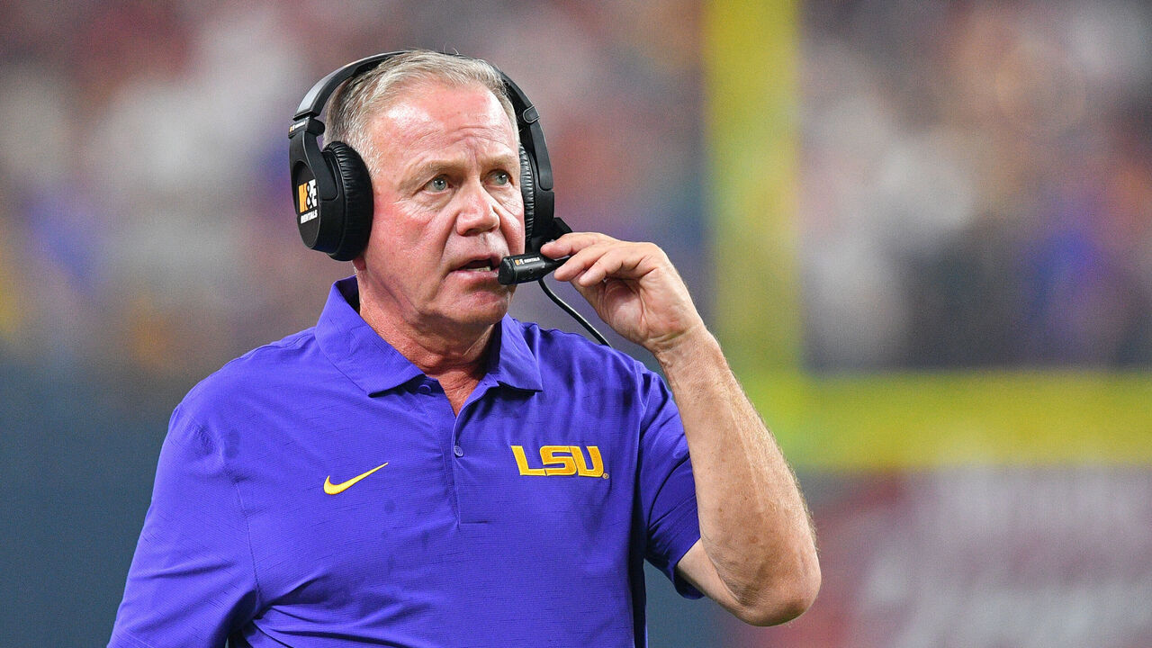 LAS VEGAS, NV - SEPTEMBER 01: LSU Tigers head coach Brian Kelly looks on during the Modelo Vegas Kickoff Classic game between the LSU Tigers and the USC Trojans on September 1, 2024 at Allegiant Stadium in Las Vegas, Nevada.