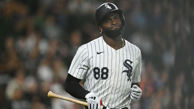 CHICAGO, ILLINOIS - AUGUST 30: Luis Robert Jr. #88 of the Chicago White Sox reacts after popping up with the bases loaded in the second inning against the New York Mets at Guaranteed Rate Field on August 30, 2024 in Chicago, Illinois.