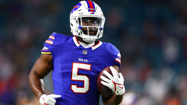 MIAMI GARDENS, FLORIDA - JANUARY 07: Leonard Fournette #5 of the Buffalo Bills warms up prior to a game against the Miami Dolphins at Hard Rock Stadium on January 07, 2024 in Miami Gardens, Florida.