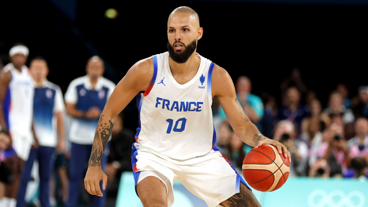 PARIS, FRANCE - AUGUST 10: Evan Fournier of France during the match between the USA and France during the Men's Gold Medal Game on day fifteen of the Olympic Games Paris 2024 at Bercy Arena on August 10, 2024 in Paris, France.