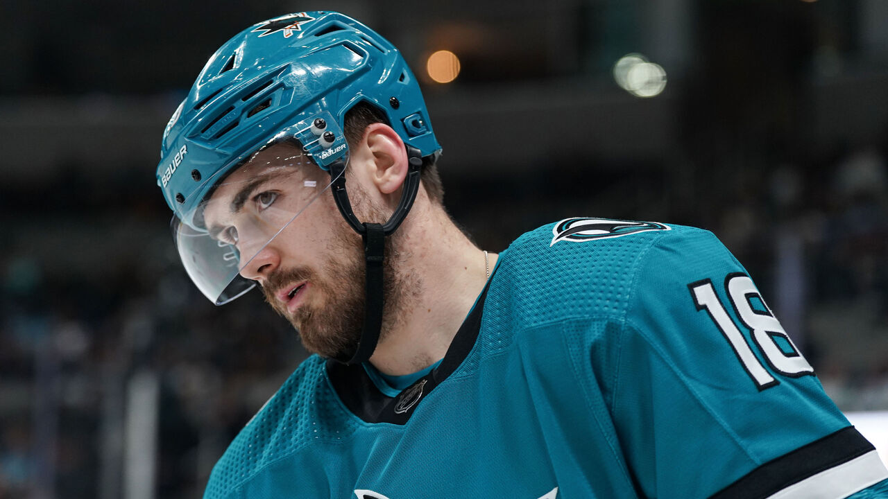 SAN JOSE, CA - APRIL 1: Filip Zadina #18 of the San Jose Sharks skates between plays in the second period against the Seattle Kraken at SAP Center on April 1, 2024 in San Jose, California.