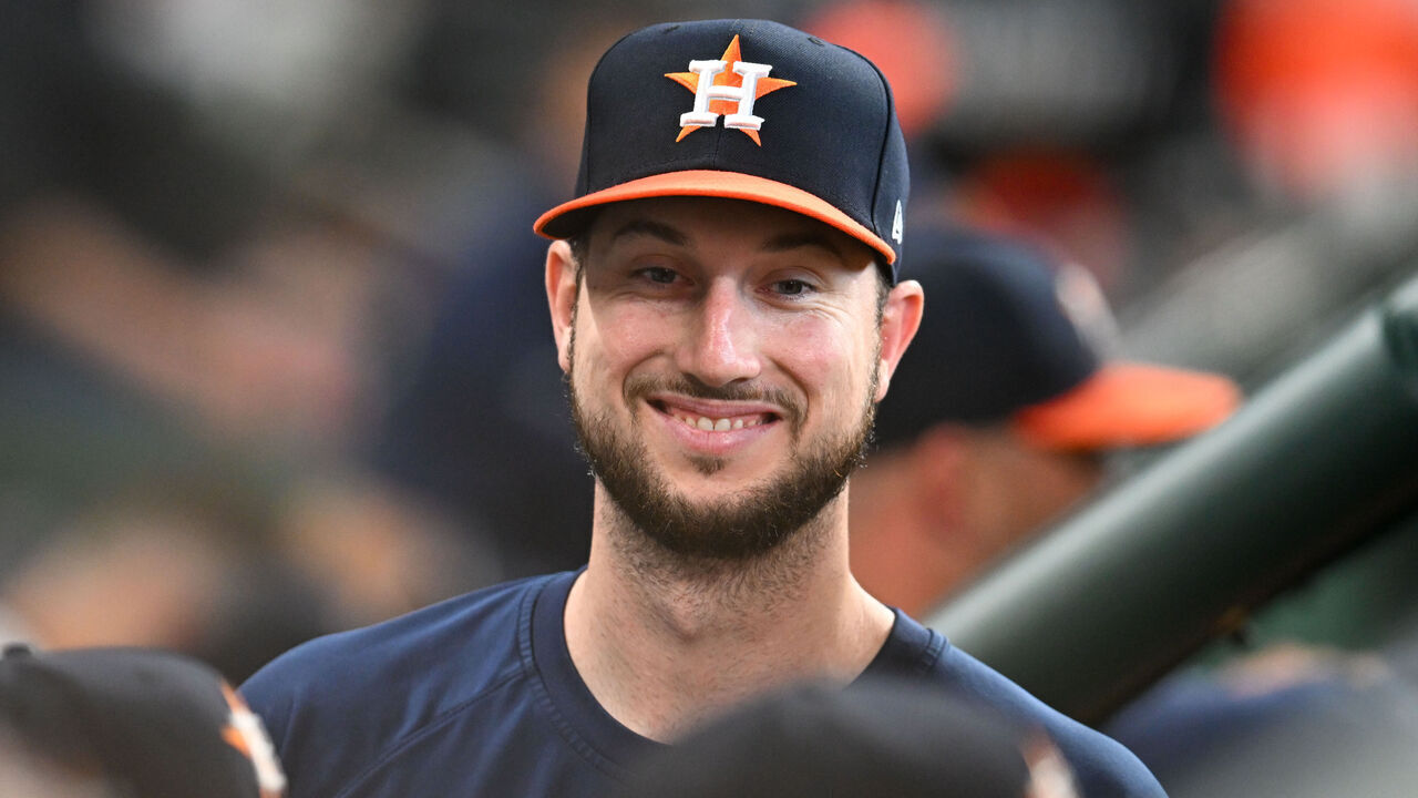 HOUSTON, TEXAS - JUNE 23: Kyle Tucker #35 of the Houston Astros smiles in the dugout during the game against the Baltimore Orioles at Minute Maid Park on June 23, 2024 in Houston, Texas.