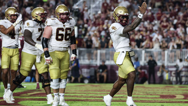 TALLAHASSEE, FLORIDA - SEPTEMBER 02: Thomas Castellanos #1 of the Boston College Eagles celebrates after scoring a touchdown during the first half of a game against the Florida State Seminoles at Doak Campbell Stadium on September 02, 2024 in Tallahassee, Florida.