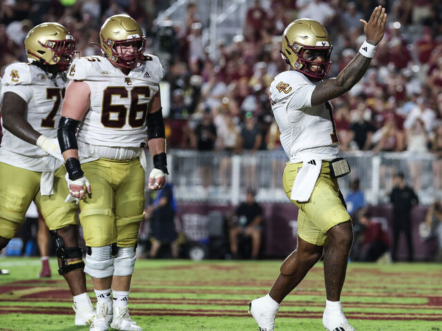 TALLAHASSEE, FLORIDA - SEPTEMBER 02: Thomas Castellanos #1 of the Boston College Eagles celebrates after scoring a touchdown during the first half of a game against the Florida State Seminoles at Doak Campbell Stadium on September 02, 2024 in Tallahassee, Florida.