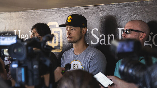 SAN DIEGO, CALIFORNIA - August 23: Yu Darvish #11 of the San Diego Padres addresses the media before the game against the New York Mets at Petco Park on August 23, 2024 in San Diego, California.