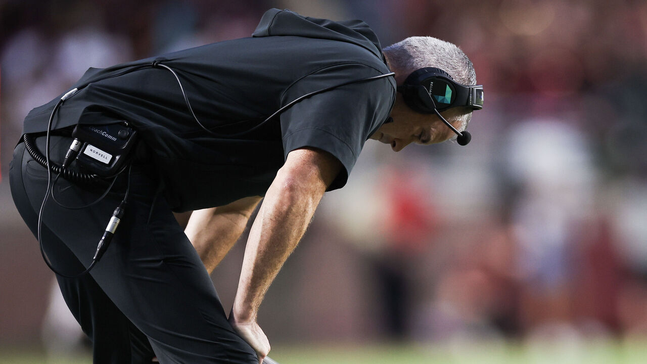 TALLAHASSEE, FLORIDA - SEPTEMBER 02: Head coach Mike Norvell of the Florida State Seminoles reacts to a play during the first half of a game against the Boston College Eagles at Doak Campbell Stadium on September 02, 2024 in Tallahassee, Florida.