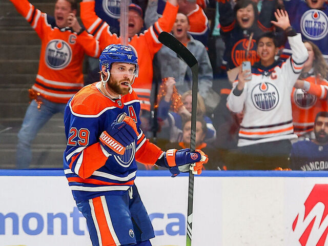 EDMONTON, AB - MAY 14: Edmonton Oilers Center Leon Draisaitl (29) celebrates a goal in the first period of game four of the Western Conference Second Round Edmonton Oilers game versus the Vancouver Canucks on May 14, 2024 at Rogers Place in Edmonton, AB.