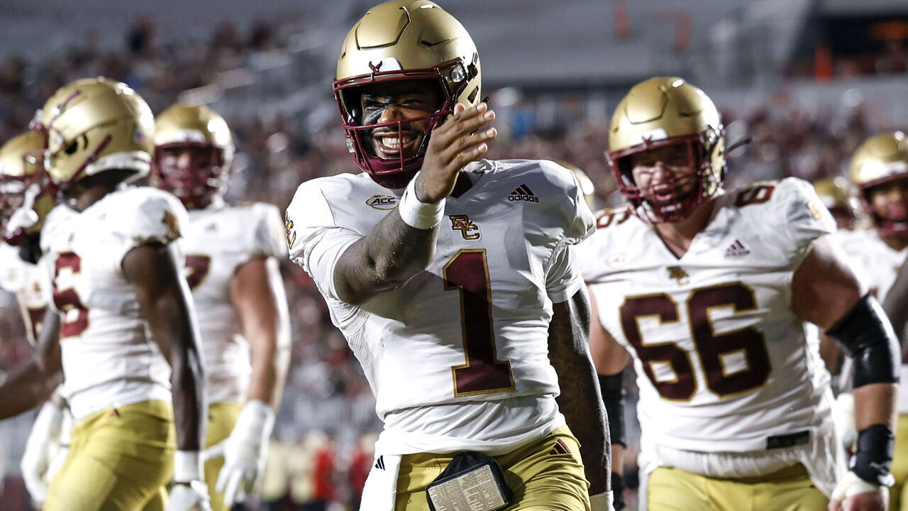 TALLAHASSEE, FL - SEPTEMBER 2: Thomas Castellanos #1 of the Boston College Eagles celebrates after scoring a touchdown during the game against the Florida State Seminoles at Doak Campbell Stadium on Bobby Bowden Field on September 2, 2024 in Tallahassee, Florida. The Eagles defeated the Seminoles 28-13.