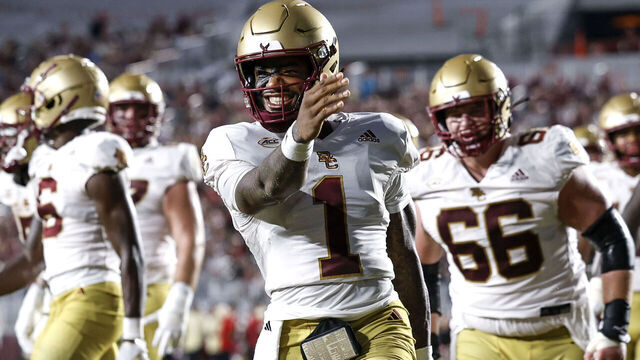 TALLAHASSEE, FL - SEPTEMBER 2: Thomas Castellanos #1 of the Boston College Eagles celebrates after scoring a touchdown during the game against the Florida State Seminoles at Doak Campbell Stadium on Bobby Bowden Field on September 2, 2024 in Tallahassee, Florida. The Eagles defeated the Seminoles 28-13.