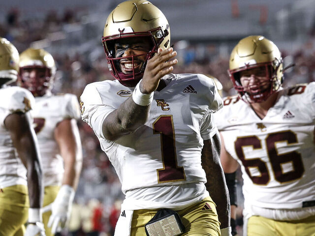 TALLAHASSEE, FL - SEPTEMBER 2: Thomas Castellanos #1 of the Boston College Eagles celebrates after scoring a touchdown during the game against the Florida State Seminoles at Doak Campbell Stadium on Bobby Bowden Field on September 2, 2024 in Tallahassee, Florida. The Eagles defeated the Seminoles 28-13.
