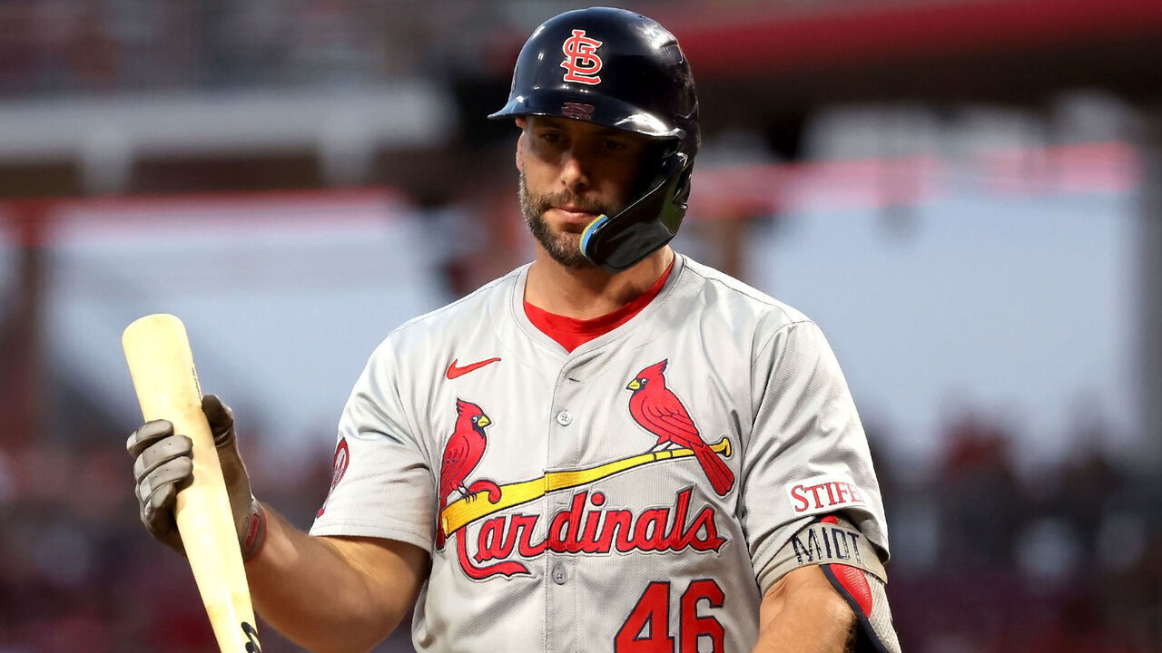 CINCINNATI, OHIO - AUGUST 14: Paul Goldschmidt #46 of the St. Louis Cardinals walks back to the dugout during the game against the Cincinnati Reds at Great American Ball Park on August 14, 2024 in Cincinnati, Ohio. Cincinnati defeated St. Louis 9-2.