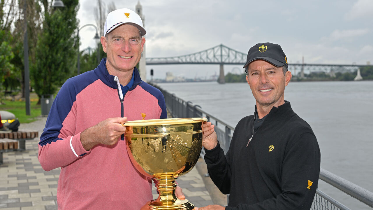 MONTREAL, CANADA - USA team Captain Jim Furyk and International team Captain Mike Weir walk around Old Montreal, Quebec, Canada, on September 13, 2023.