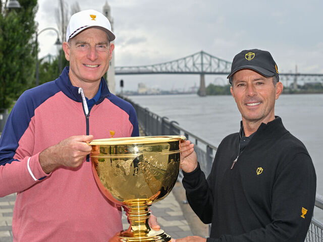 MONTREAL, CANADA - USA team Captain Jim Furyk and International team Captain Mike Weir walk around Old Montreal, Quebec, Canada, on September 13, 2023.