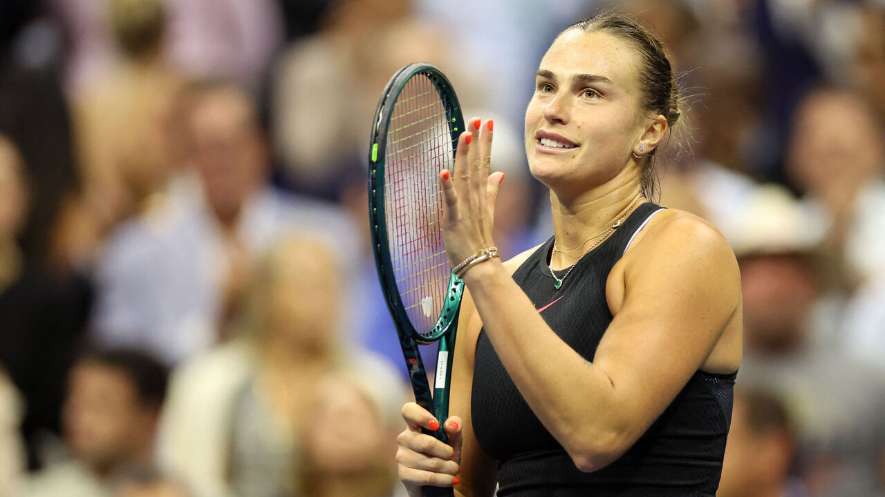 Belarus's Aryna Sabalenka reacts after winning her women's quarterfinals match against China's Zheng Qinwen on day nine of the US Open tennis tournament at the USTA Billie Jean King National Tennis Center in New York City, on September 3, 2024.