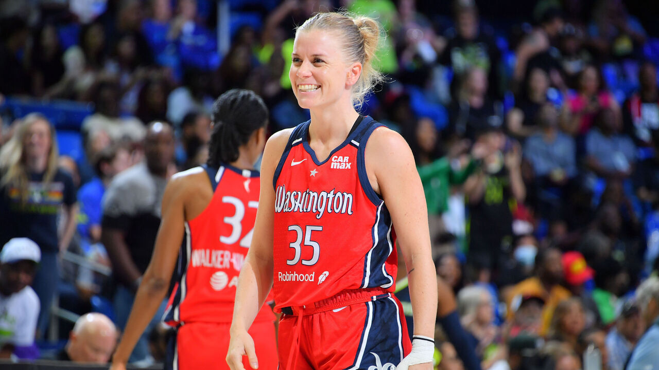 ARLINGTON, TX - SEPTEMBER 3: Julie Vanloo #35 of the Washington Mystics smiles during the game against the Dallas Wings on September 3, 2024 at the College Park Center in Arlington, TX. Mandatory Copyright Notice: Copyright 2024 NBAE