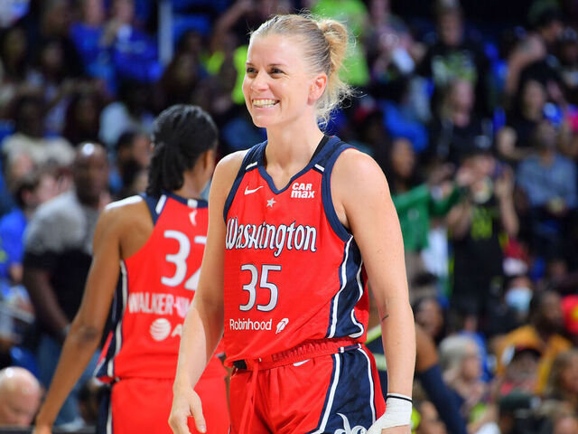 ARLINGTON, TX - SEPTEMBER 3: Julie Vanloo #35 of the Washington Mystics smiles during the game against the Dallas Wings on September 3, 2024 at the College Park Center in Arlington, TX. Mandatory Copyright Notice: Copyright 2024 NBAE