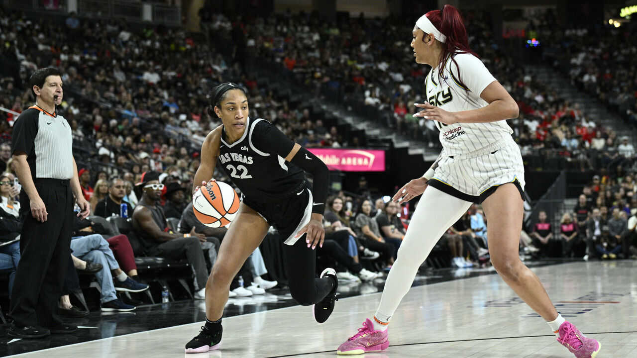 LAS VEGAS, NV - SEPTEMBER 3: A'ja Wilson #22 of the Las Vegas Aces goes to the basket during the game on September 3, 2024 at T-Mobile Arena in Las Vegas, Nevada. Mandatory Copyright Notice: Copyright 2024 NBAE