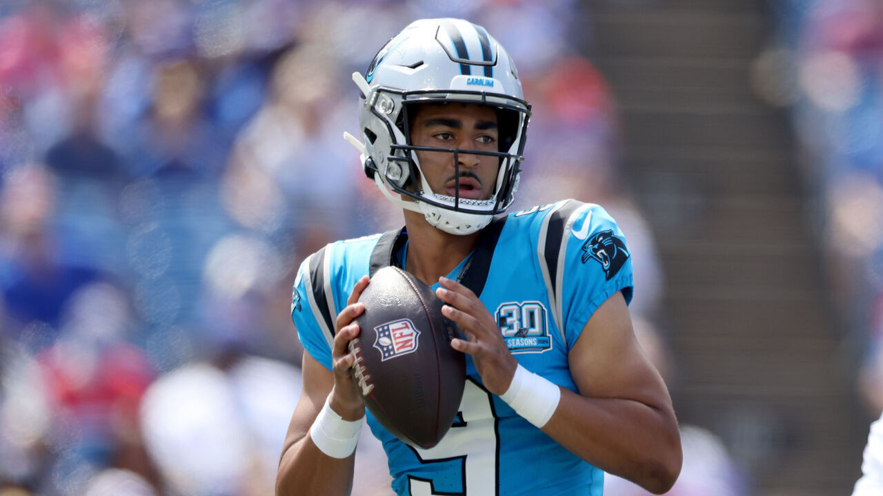 ORCHARD PARK, NEW YORK - AUGUST 24: Bryce Young #9 of the Carolina Panthers looks to pass during the first quarter of a preseason game against the Buffalo Bills at Highmark Stadium on August 24, 2024 in Orchard Park, New York.