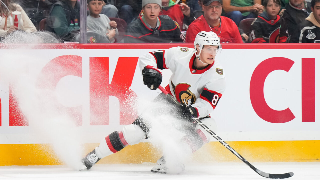 OTTAWA, CANADA - MARCH 17: Dominik Kubalik #81 of the Ottawa Senators skates against the Carolina Hurricanes at Canadian Tire Centre on March 17, 2024 in Ottawa, Ontario, Canada.