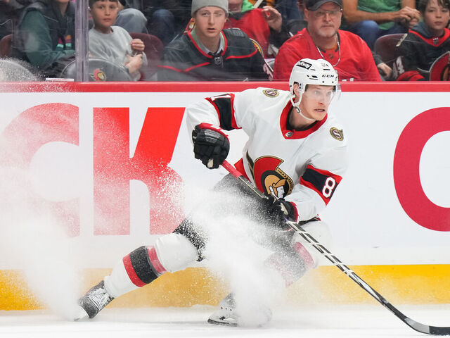 OTTAWA, CANADA - MARCH 17: Dominik Kubalik #81 of the Ottawa Senators skates against the Carolina Hurricanes at Canadian Tire Centre on March 17, 2024 in Ottawa, Ontario, Canada.