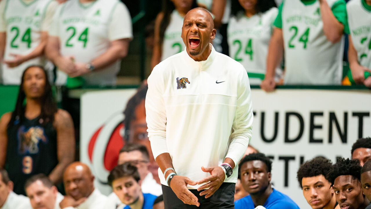 DENTON, TX - FEBRUARY 15: Memphis Tigers head coach Penny Hardaway yells from the sideline during a college basketball game between Memphis Tigers and the North Texas Mean Green on February 15, 2024 at The Super Pit in Denton, TX.