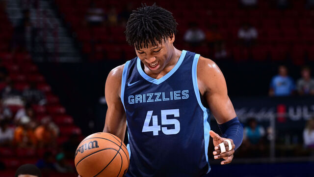 LAS VEGAS, NV - JULY 17: GG Jackson II #45 of the Memphis Grizzlies prepares to shoot a free throw during the game against the Orlando Magic on July 17, 2024 at the Thomas & Mack Center in Las Vegas, Nevada. Mandatory Copyright Notice: Copyright 2024 NBAE