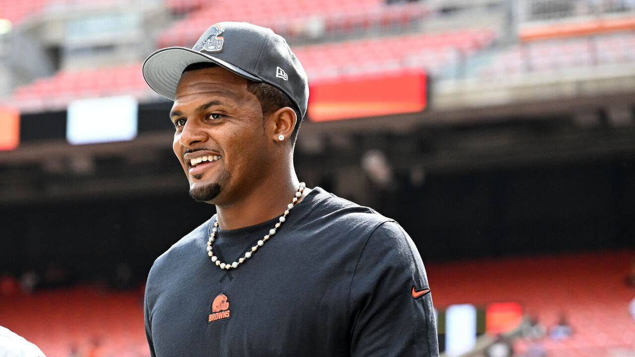 CLEVELAND, OHIO - AUGUST 17: Deshaun Watson #4 of the Cleveland Browns looks on prior to a preseason game against the Minnesota Vikings at Cleveland Browns Stadium on August 17, 2024 in Cleveland, Ohio.