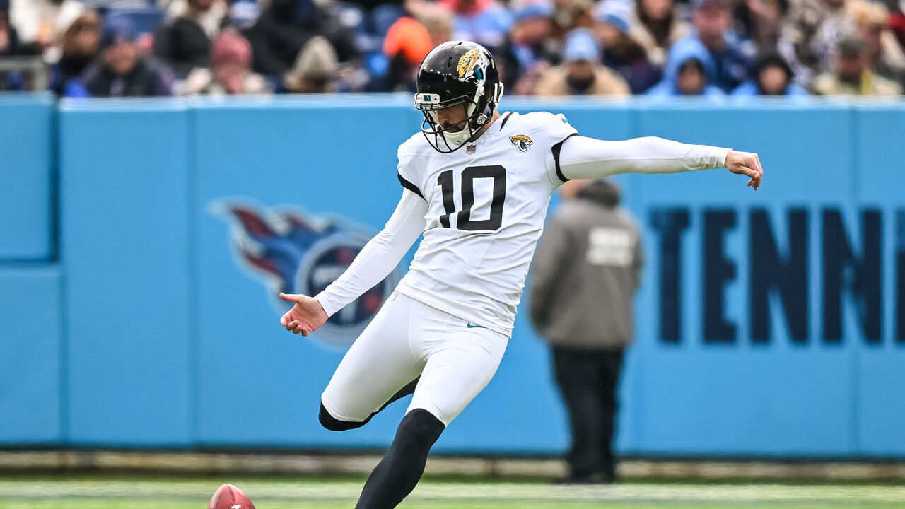 NASHVILLE, TN - JANUARY 07: Jacksonville Jaguars place kicker Brandon McManus (10) kicks off during the NFL game between the Tennessee Titans and the Jacksonville Jaguars on January 7, 2024, at Nissan Stadium in Nashville, TN.