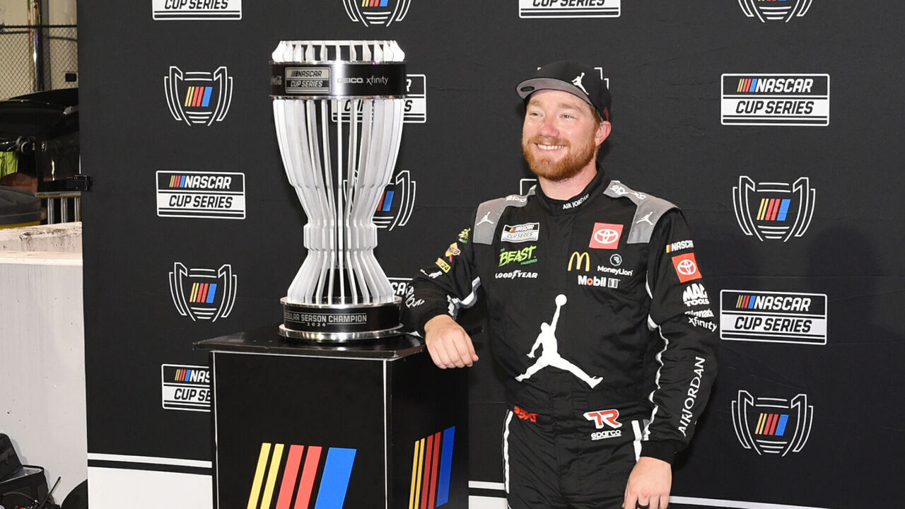 DARLINGTON, SC - SEPTEMBER 01: Tyler Reddick (#45 23XI Racing Upper Deck Toyota) celebrates winning the NASCAR Regular Season Championship after the running of the NASCAR Cup Series Cook Out Southern 500 on September 01, 2024, at Darlington Raceway in Darlington, SC.