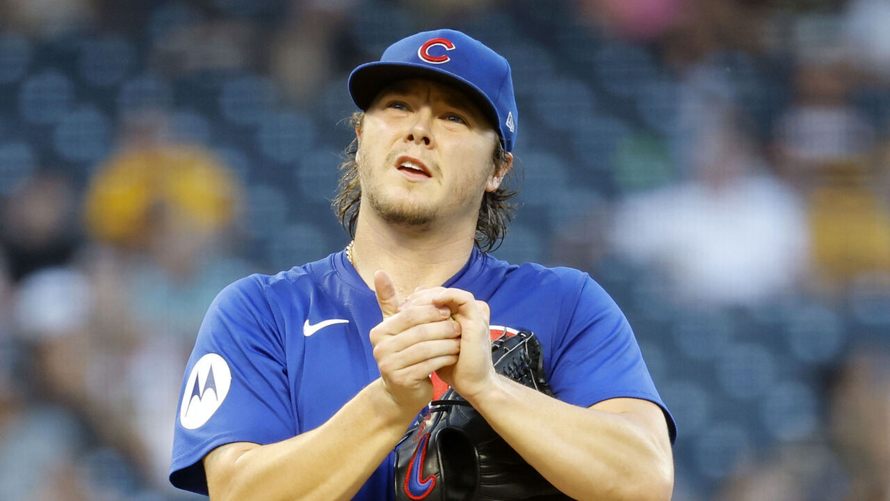 PITTSBURGH, PA - AUGUST 27: Justin Steele #35 of the Chicago Cubs looks on after having to wash his arm off in the third inning against the Pittsburgh Pirates at PNC Park on August 27, 2024 in Pittsburgh, Pennsylvania.