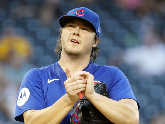 PITTSBURGH, PA - AUGUST 27: Justin Steele #35 of the Chicago Cubs looks on after having to wash his arm off in the third inning against the Pittsburgh Pirates at PNC Park on August 27, 2024 in Pittsburgh, Pennsylvania.