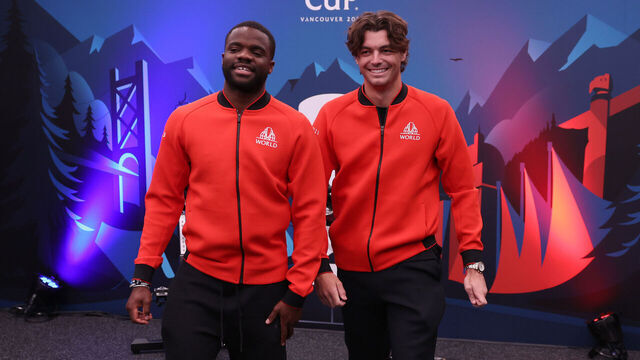 VANCOUVER, BRITISH COLUMBIA - SEPTEMBER 19: (L-R) Frances Tiafoe and Taylor Fritz of Team World react after riding exercise bikes ahead of the Laver Cup at Rogers Arena on September 19, 2023 in Vancouver, British Columbia.