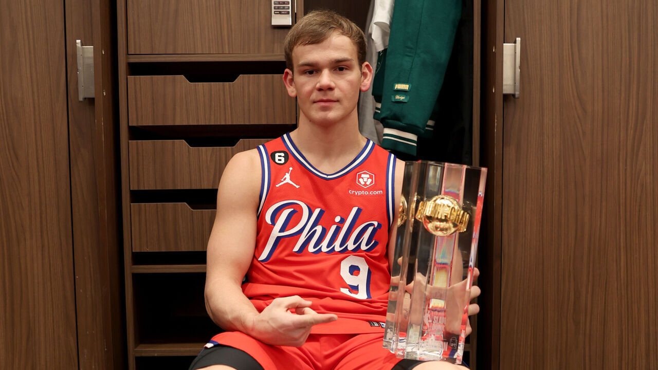 SALT LAKE CITY, UT - FEBRUARY 18: Mac McClung #9 of the Philadelphia 76ers poses for a photo after winning the AT&T Slam Dunk Contest as part of 2023 NBA All Star Weekend on Saturday, February 18, 2023 at Vivint Arena in Salt Lake City, Utah. NOTE TO USER: User expressly acknowledges and agrees that, by downloading and/or using this Photograph, user is consenting to the terms and conditions of the Getty Images License Agreement. Mandatory Copyright Notice: Copyright 2023 NBAE