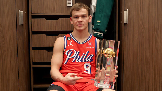SALT LAKE CITY, UT - FEBRUARY 18: Mac McClung #9 of the Philadelphia 76ers poses for a photo after winning the AT&T Slam Dunk Contest as part of 2023 NBA All Star Weekend on Saturday, February 18, 2023 at Vivint Arena in Salt Lake City, Utah. NOTE TO USER: User expressly acknowledges and agrees that, by downloading and/or using this Photograph, user is consenting to the terms and conditions of the Getty Images License Agreement. Mandatory Copyright Notice: Copyright 2023 NBAE