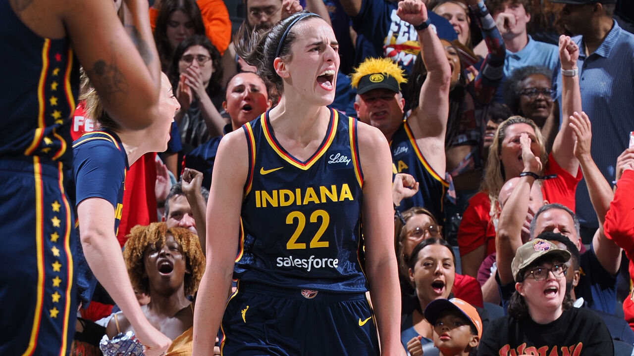 INDIANAPOLIS, IN - SEPTEMBER 4: Caitlin Clark #22 of the Indiana Fever celebrates during the game against the Los Angeles Sparks on September 4, 2024 at Gainbridge Fieldhouse in Indianapolis, Indiana. Mandatory Copyright Notice: Copyright 2024 NBAE