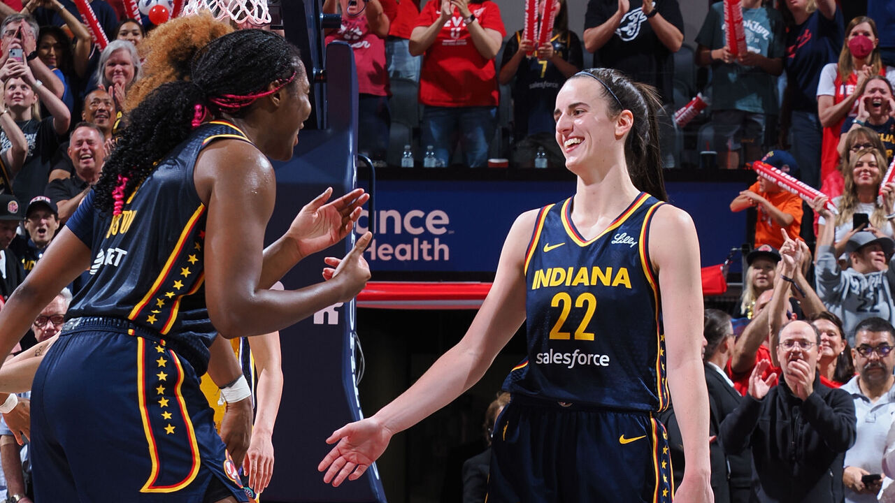 INDIANAPOLIS, IN - SEPTEMBER 4: Caitlin Clark #22 of the Indiana Fever smiles after the game against the Los Angeles Sparks on September 4, 2024 at Gainbridge Fieldhouse in Indianapolis, Indiana. Mandatory Copyright Notice: Copyright 2024 NBAE