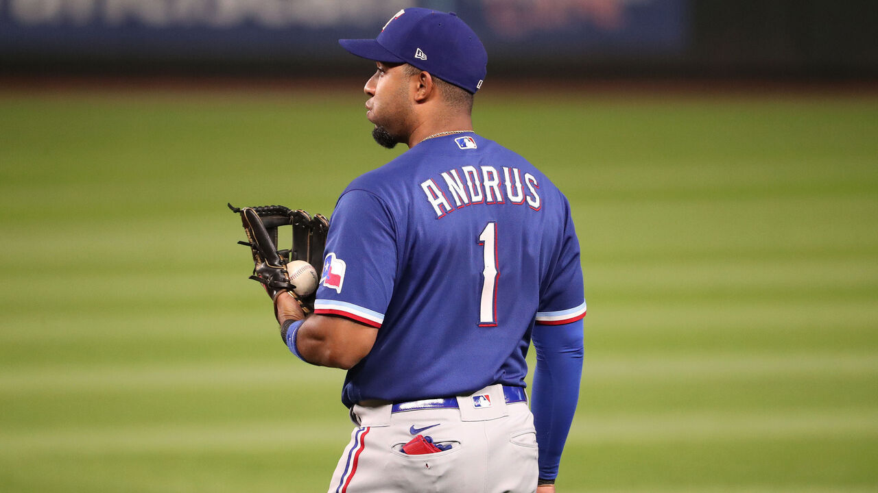 SEATTLE, WASHINGTON - SEPTEMBER 04: Elvis Andrus #1 of the Texas Rangers looks on in the seventh inning against the Seattle Mariners at T-Mobile Park on September 04, 2020 in Seattle, Washington.