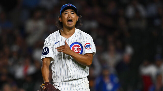 CHICAGO, ILLINOIS - SEPTEMBER 04: Shota Imanaga #18 of the Chicago Cubs reacts after striking out Jared Triolo of the Pittsburgh Pirates in the seventh inning at Wrigley Field on September 04, 2024 in Chicago, Illinois.