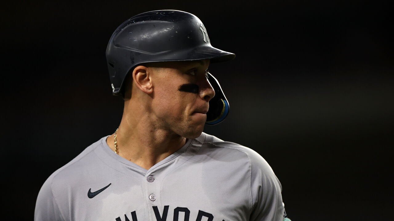 ARLINGTON, TX - SEPTEMBER 2: Aaron Judge #99 of the New York Yankees looks on against the Texas Rangers at Globe Life Field on September 2, 2024 in Arlington, Texas.