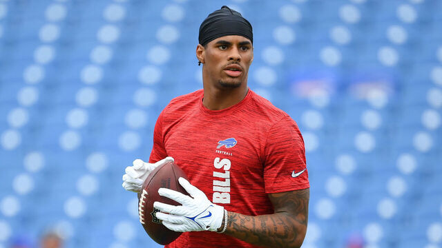 ORCHARD PARK, NEW YORK - AUGUST 10: Keon Coleman #0 of the Buffalo Bills warms up prior to a preseason game against the Chicago Bears at Highmark Stadium on August 10, 2024 in Orchard Park, New York.