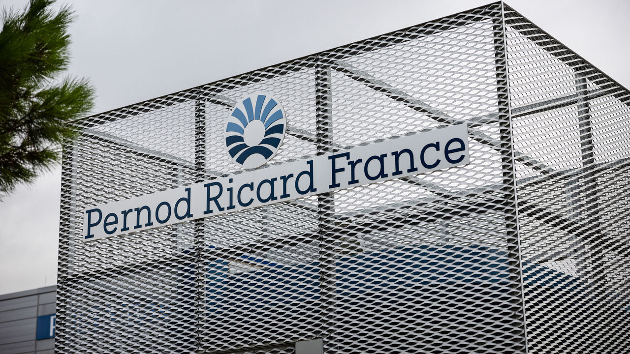 This photograph shows the logo of "Pernod Ricard France" company stucks on the facade of Pernod factory in Marseille, on September 5, 2024. After controversy, French spirits and wine company Pernod-Ricard renounces its new partnership with the French football club Paris Saint-Germain (PSG) as OM supporters who believe the company is mainly from Marseille have threatened to boycott its products, on September 5, 2024.